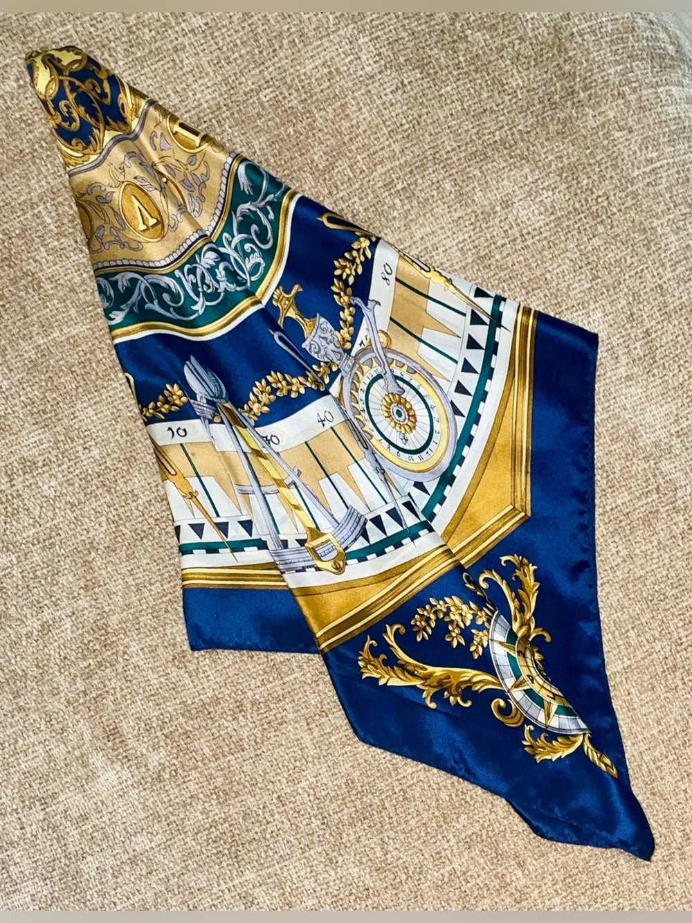 100% Silk “Time-Piece” Navy & Gold 31’ Square Scarf